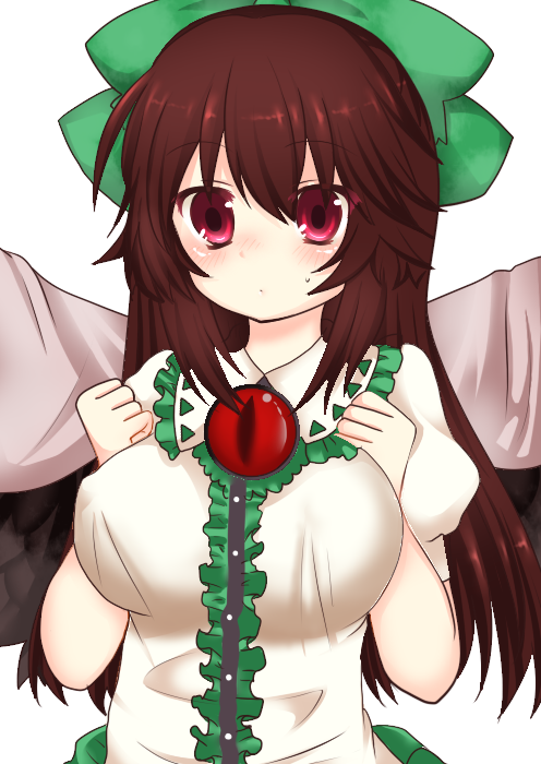 blush breasts brown_hair hair_ribbon haruta_(806060) large_breasts long_hair red_eyes reiuji_utsuho ribbon solo sweatdrop touhou