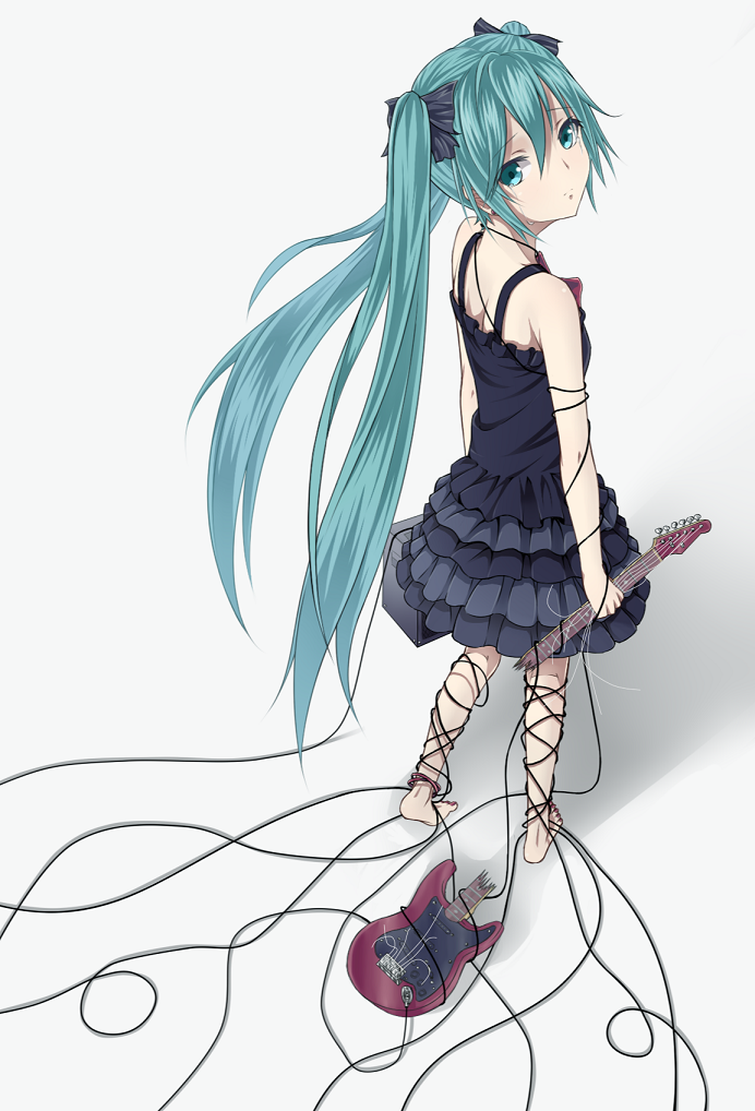 aqua_eyes aqua_hair bad_proportions barefoot broken cable dress frilled_dress frills from_behind guitar hatsune_miku heisei_yutorin instrument long_hair looking_back solo twintails very_long_hair vocaloid