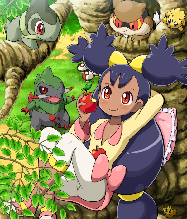 1girl axew blush character_request cushion dark_skin eating food foongus fraxure fruit holding holding_apple holding_fruit in_tree iris_(pokemon) joltik legs_up long_hair lying on_back orange_eyes pants patrat pokemoa pokemon pokemon_(anime) pokemon_(creature) pokemon_(game) pokemon_bw purple_hair shoes tree twintails two_side_up white_legwear