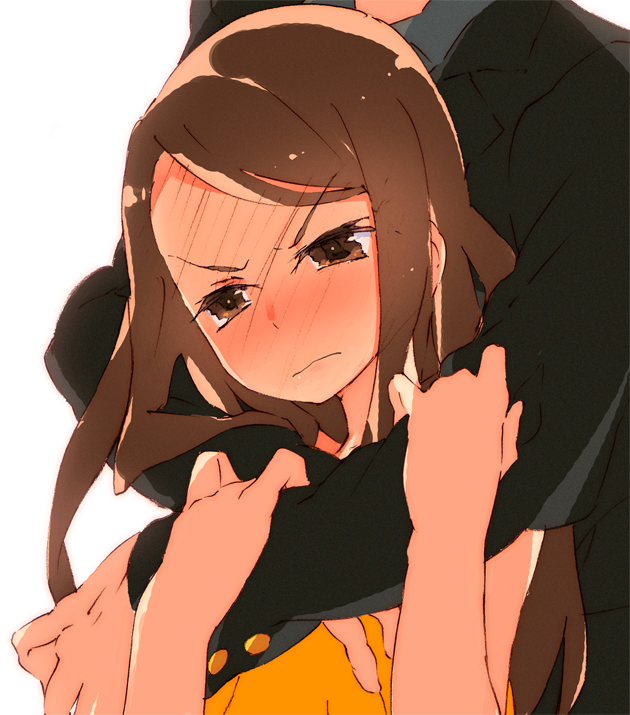 brown_eyes brown_hair character_request embarrassed face frown full-face_blush hands height_difference hug idolmaster idolmaster_2 kitano_yuusuke long_hair minase_iori