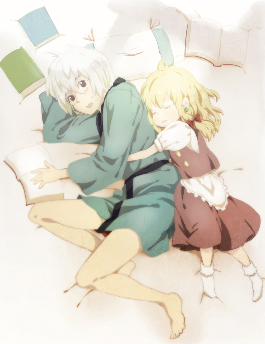 1girl alternate_eye_color amri apron bad_id black_eyes blonde_hair book braid child closed_eyes dress earrings eyes_closed footwear glasses hair_ribbon hug hug_from_behind japanese_clothes jewelry kimono kirisame_marisa lying morichika_rinnosuke no_hat no_headwear on_bed on_side open_mouth pale_color pale_colors pillow ribbon short_hair short_kimono short_yukata skirt sleeping socks star touhou waist_apron white_hair young