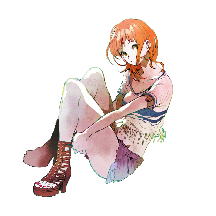 cutoffs denim denim_shorts fashion fringe high_heels kinatin midriff nail_polish nami one_piece orange_eyes orange_hair shoes short_shorts shorts simple_background sitting solo t-shirt thighs toes