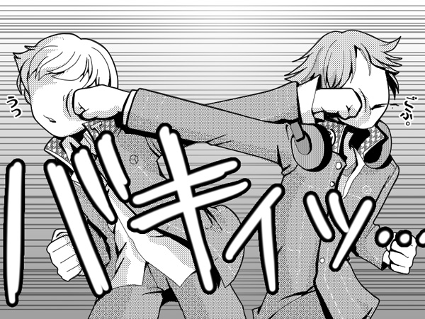 crosscounter face_punching faceless hanamura_yousuke headphones in_the_face monochrome narukami_yuu persona persona_4 punching shin_megami_tensei t0kiwa