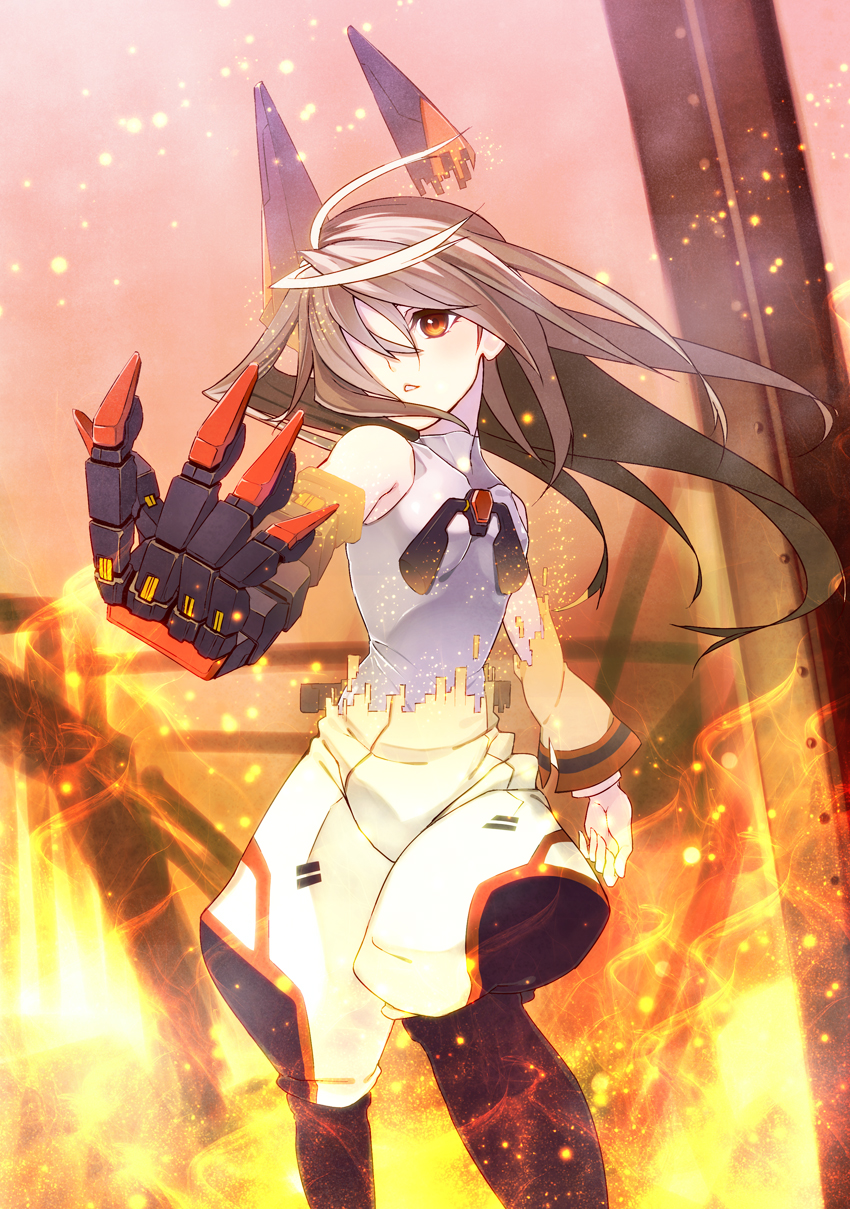 boots dissolving_clothes gauntlets glowing hair_over_one_eye highres infinite_stratos laura_bodewig minoinomi no_eyepatch red_eyes robot_ears schwarzer_roegen silver_hair solo transformation uniform
