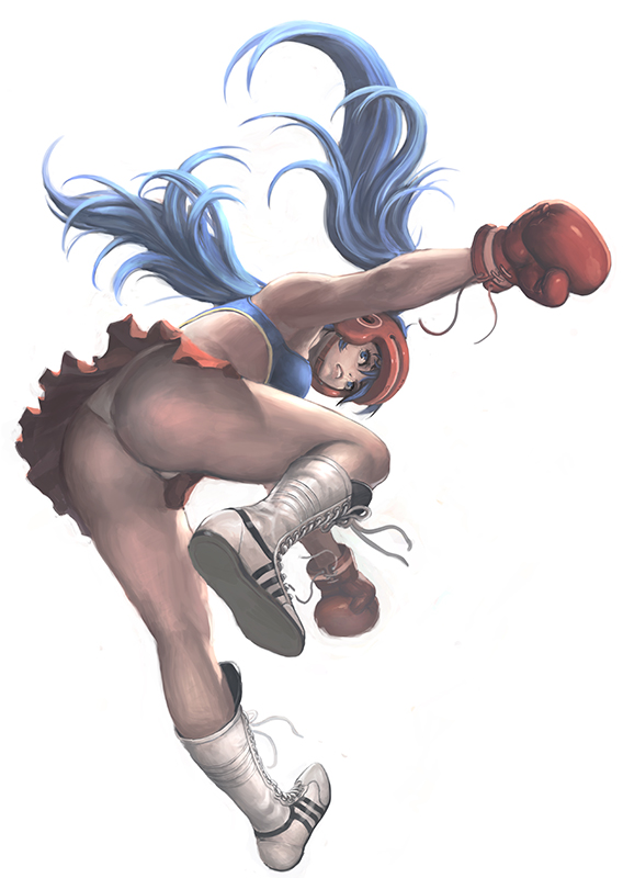 blue_eyes blue_hair boots boxer boxing_gloves boxing_headgear boxing_helmet kilart long_hair original simple_background solo twintails