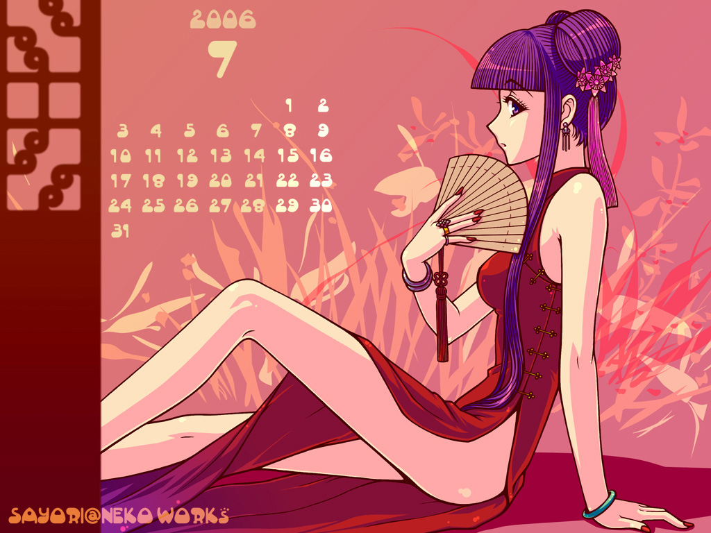 calendar japanese_clothes long_hair original purple_hair sayori signed watermark