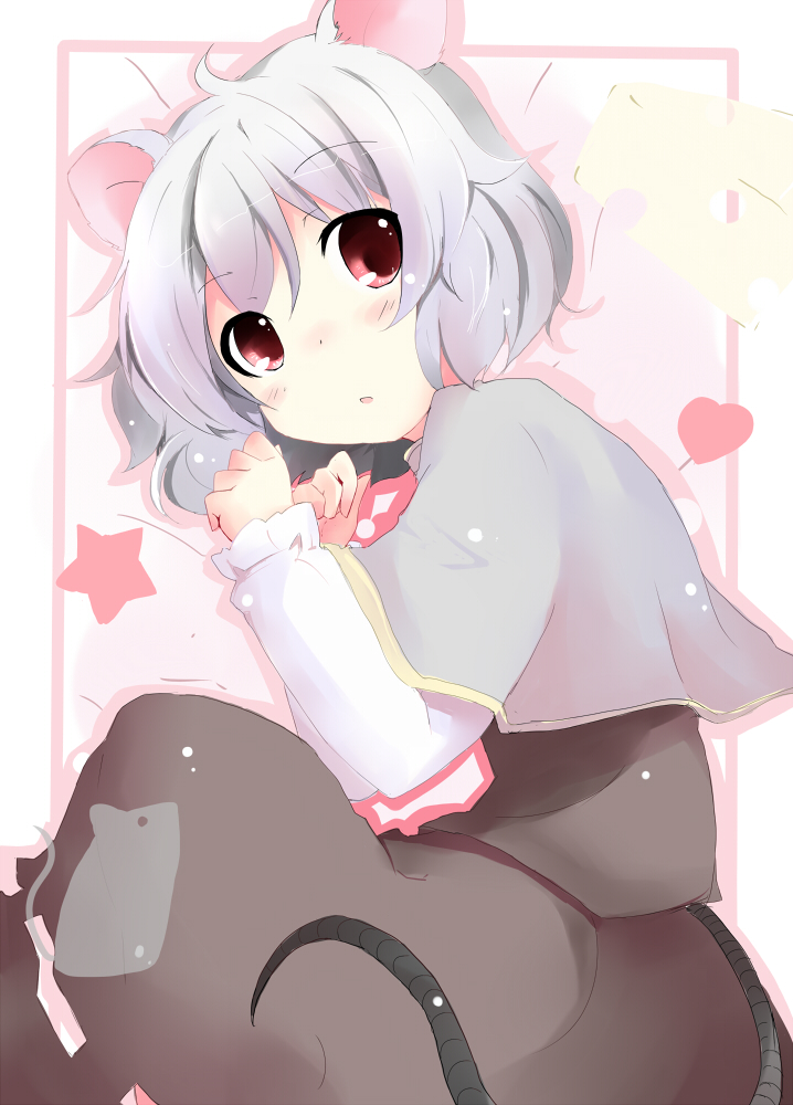 animal_ears blush capelet dress grey_dress grey_hair heart mouse mouse_ears mouse_tail nazrin on_side open_mouth red_eyes shichinose shirt short_hair silver_hair solo tail touhou