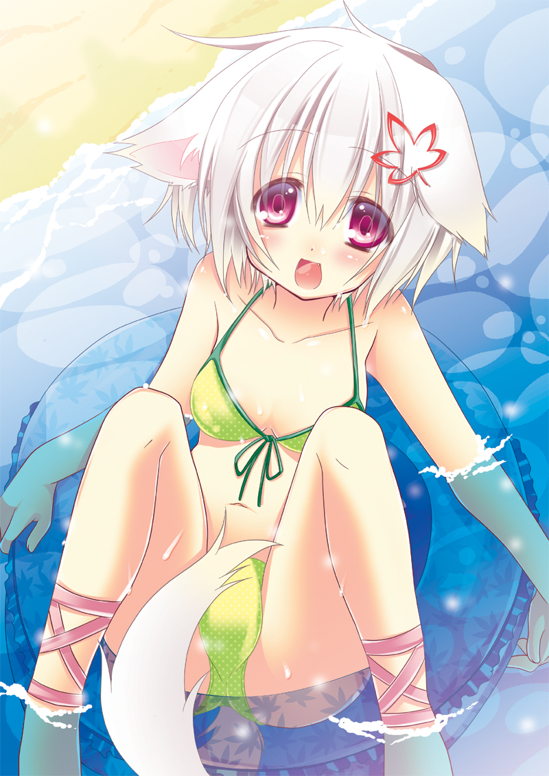 animal_ears bare_shoulders beach bikini blush fang fat_mons front-tie_top hair_ornament hairclip highres hikanyan innertube inubashiri_momiji leaf maple_leaf midriff navel ocean open_mouth partially_submerged red_eyes short_hair silver_hair solo swimsuit tail touhou water wet wolf_ears wolf_tail