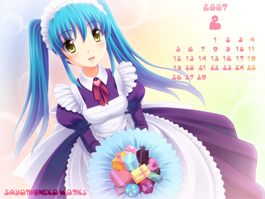 blue_hair calendar jpeg_artifacts maid original sayori signed twintails yellow_eyes