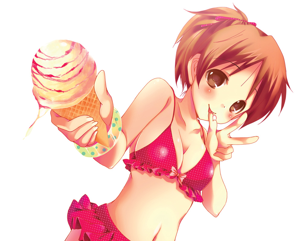 bare_shoulders bikini bracelet breasts brown_eyes brown_hair cleavage collarbone copyright_request food giving hair_up ice_cream ice_cream_cone jewelry licking looking_at_viewer navel polka_dot polka_dot_bikini polka_dot_swimsuit ponytail simple_background solo swimsuit tongue v yuunagi_seshina