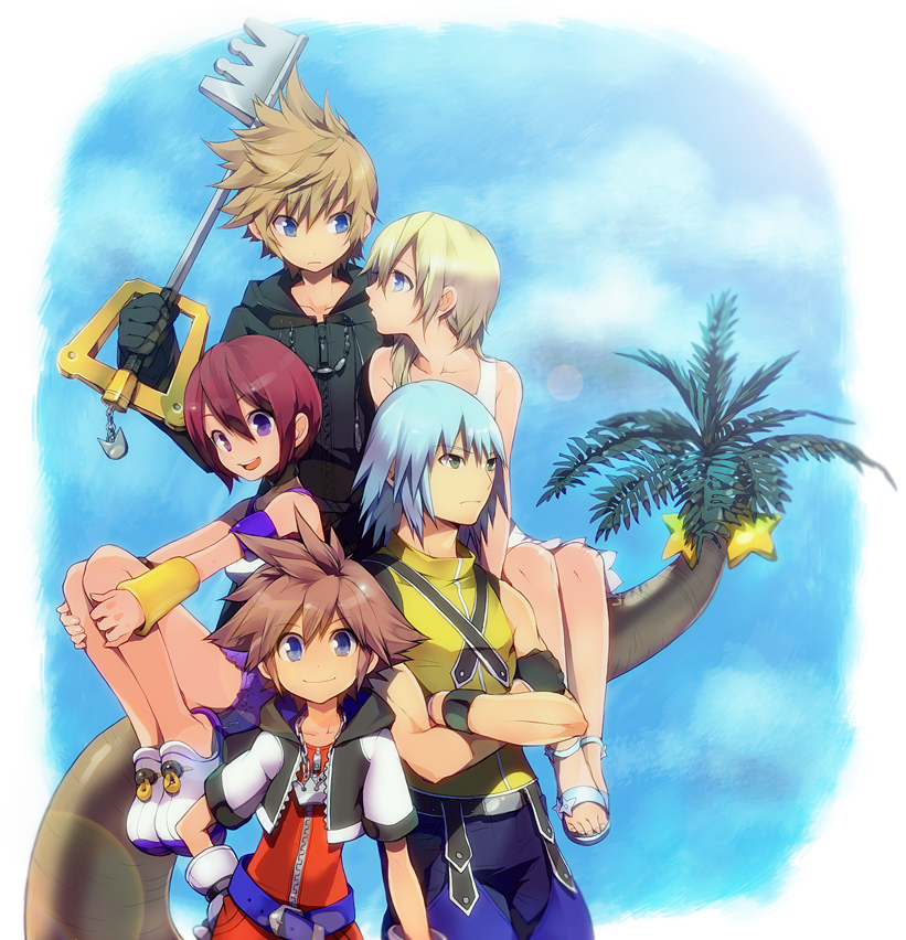 blue_eyes brown_hair cloak fingerless_gloves gloves green_eyes jewelry kairi keyblade kingdom_hearts kingdom_hearts_i kingdom_hearts_ii long_hair namine necklace purple_eyes red_hair redhead riku roxas sandals silver_hair sora_(kingdom_hearts) tree tujisaki violet_eyes wristband