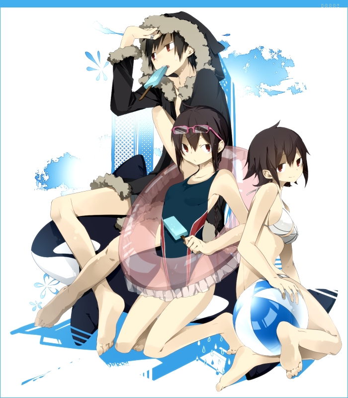 beachball bikini black_hair braid ciel_arc coat competition_swimsuit durarara!! inflatable_toy innertube long_hair one-piece_swimsuit orca orihara_izaya orihara_kururi orihara_mairu red_eyes short_hair swimsuit whale