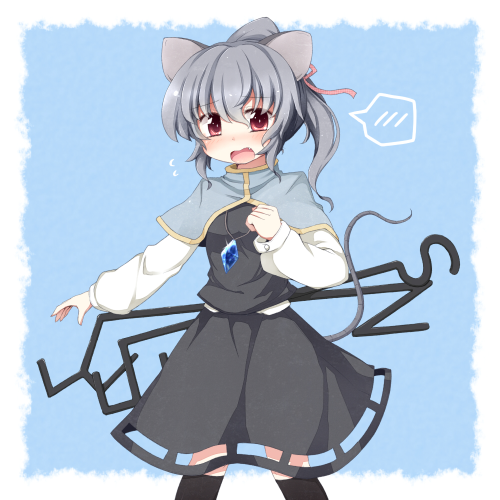 akagaminanoka alternate_hairstyle animal_ears blush capelet dowsing_rod fang fuuen_(akagaminanoka) gem grey_hair hair_ribbon jewelry mouse_ears mouse_tail nazrin necklace open_mouth outstretched_arm pendant ponytail red_eyes ribbon shirt skirt skirt_set solo standing tail touhou vest