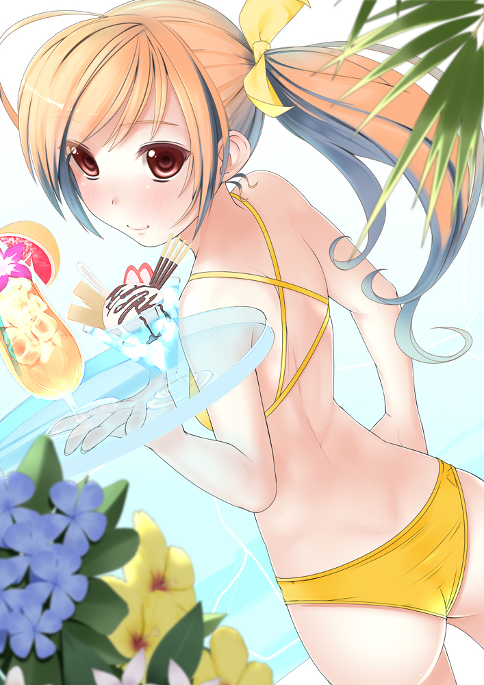 ass bare_shoulders bikini blonde_hair blurry blush bow brown_eyes depth_of_field dimples_of_venus flower food hair_bow hand_on_hip hips ice_cream kinugasa_yuuichi long_hair looking_back looking_up original ponytail smile solo sundae swimsuit tray water