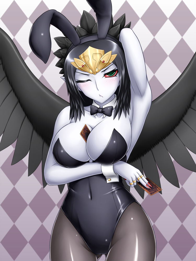 1girl between_breasts black_hair black_wings bowtie breasts bunny_ears bunnysuit card card_between_breasts checkered checkered_background cleavage detached_collar duel_monster fabled_grimro female holding holding_card long_hair pantyhose pataryouto red_sclera solo wings wrist_cuffs yu-gi-oh! yuu-gi-ou yuu-gi-ou_duel_monsters