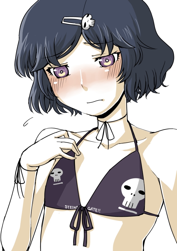 bad_id bikini bikini_top black_hair blush front-tie_top hair_ornament hairclip karute male print_bikini purple_eyes short_hair skull skull_hair_ornament solo steins;gate string sweatdrop swimsuit trap urushibara_luka urushibara_ruka violet_eyes