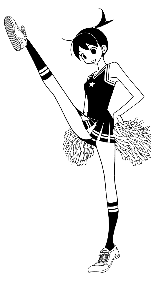 cheerleader kumeta_kouji leg_up monochrome official_art ookusa_manami panties pom_poms ponytail sayonara_zetsubou_sensei short_hair simple_background tube_socks underwear