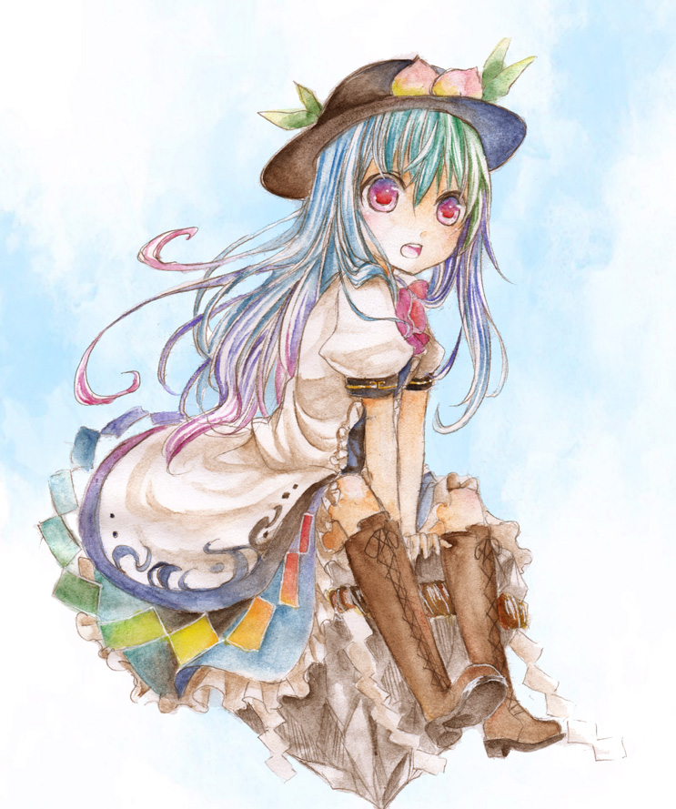 boots cross-laced_footwear dress food fruit gradient_hair hat hinanawi_tenshi lace-up_boots leaf long_hair multicolored_hair open_mouth peach red_eyes rock sitting solo string touhou traditional_media umebayashi_saki watercolor_(medium)
