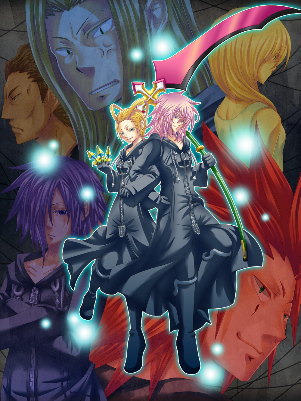 axel blonde_hair blue_eyes brown_hair cloak facial_mark gloves green_eyes hair_over_one_eye highres kingdom_hearts kingdom_hearts_chain_of_memories knife larxene lexaeus long_hair marluxia marulove namine pink_hair purple_eyes purple_hair red_hair redhead scythe vexen violet_eyes zexion