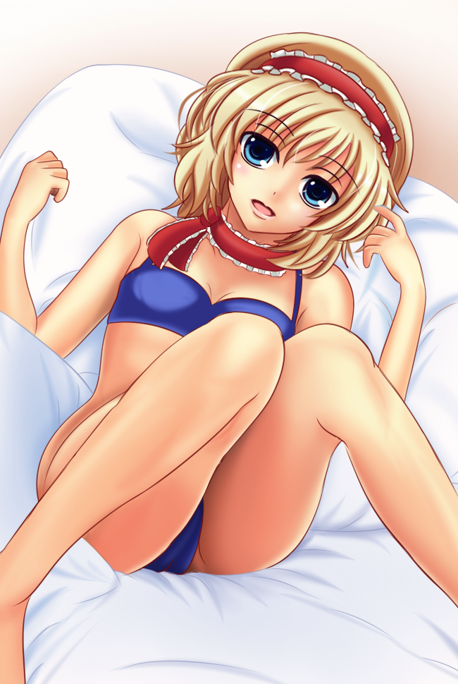 1girl alice_margatroid bikini bikini_bottom bikini_top blonde_hair blue_eyes derivative_work error hairband kurowana lying on_back solo strapless_bottom swimsuit touhou