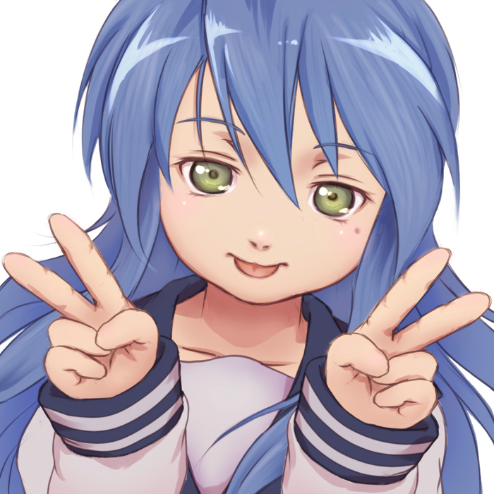 1girl :p bad_id blue_hair double_v green_eyes izumi_konata long_hair lucky_star mole realistic school_uniform serafuku solo tongue tyamaguch v