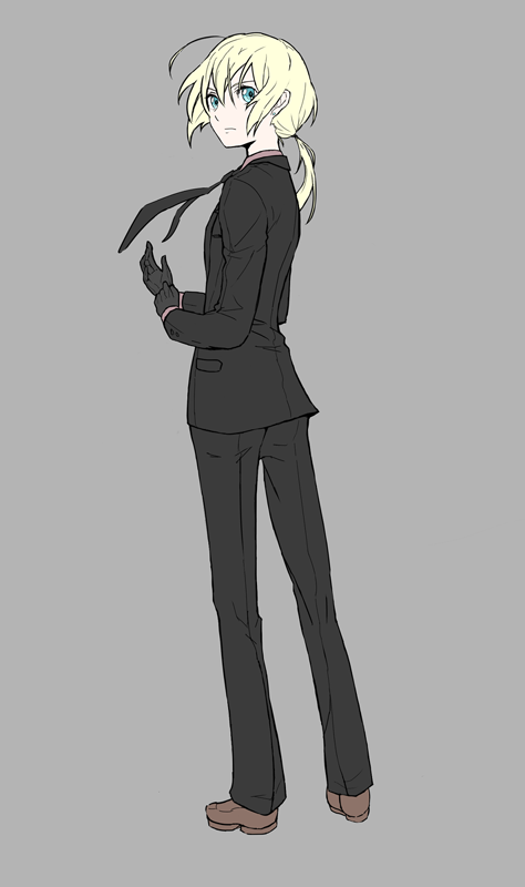 ahoge black_gloves blonde_hair blue_eyes fate/stay_night fate/zero fate_(series) formal from_behind gloves kon_(kdash) long_hair necktie pant_suit pants_suit ponytail saber simple_background solo suit