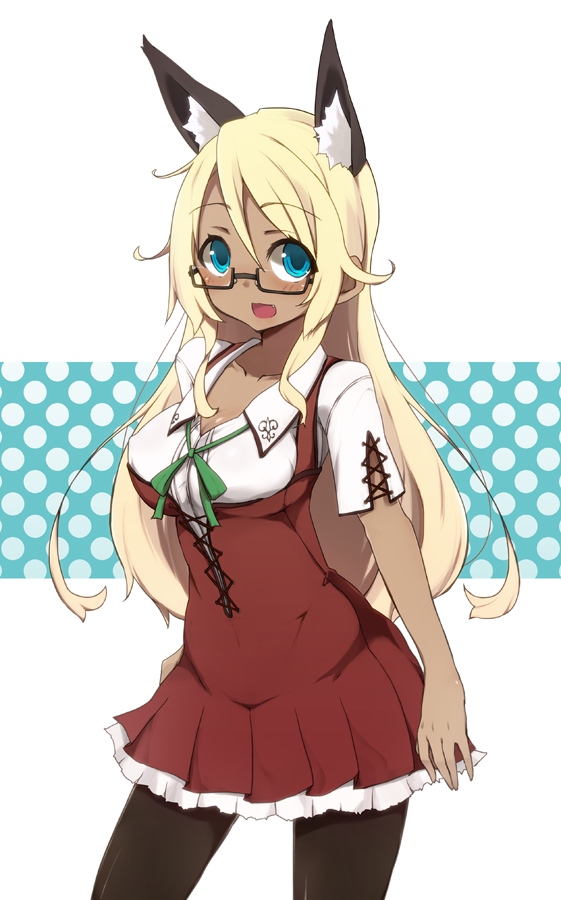 animal_ears artist_request black_legwear blonde_hair blue_eyes breasts cat_ears collarbone dark_skin fang ganguro glasses large_breasts long_hair mayo_chiki! maze_(gochama_ze_gohan) narumi_nakuru open_mouth pantyhose ribbon school_uniform smile solo source_request thigh-highs thighhighs