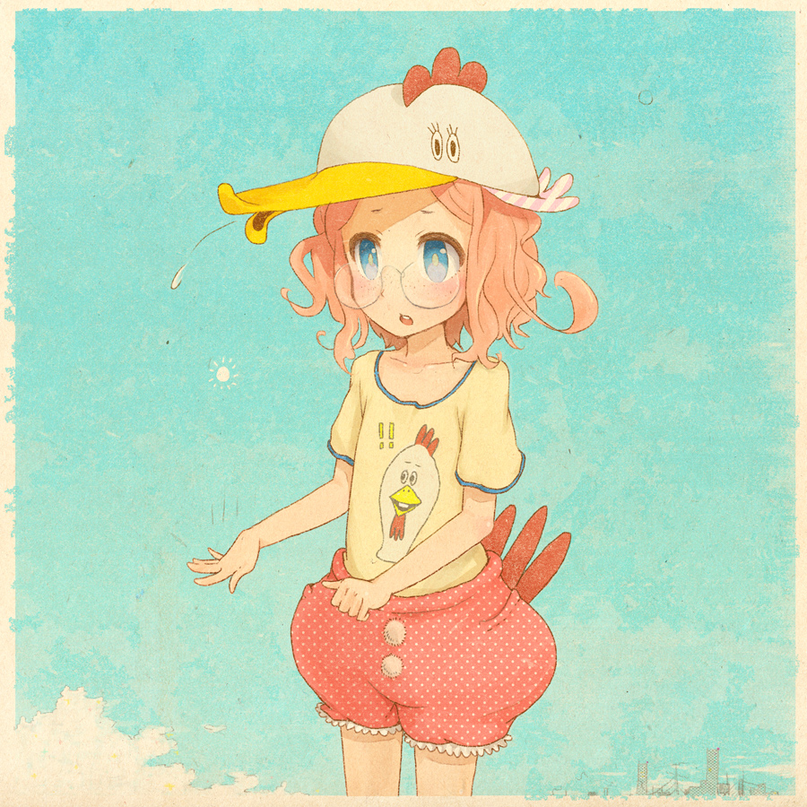 animal_hat awakumo blue_eyes chicken chicken_costume freckles glasses hat messy_hair original pink_hair solo