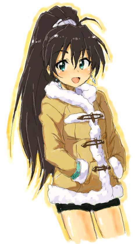 blue_eyes coat earrings fur_trim ganaha_hibiki hands_in_pockets idolmaster jacket jewelry kurou_(artist) long_hair ponytail shorts