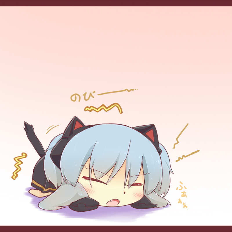 black_dress blue_hair blush cat_ears cat_tail chibi closed_eyes dress fake_animal_ears fang hazuki_ruu heki_no_kiseki letterboxed long_hair on_stomach open_mouth solo tail tio_(heki_no_kiseki)