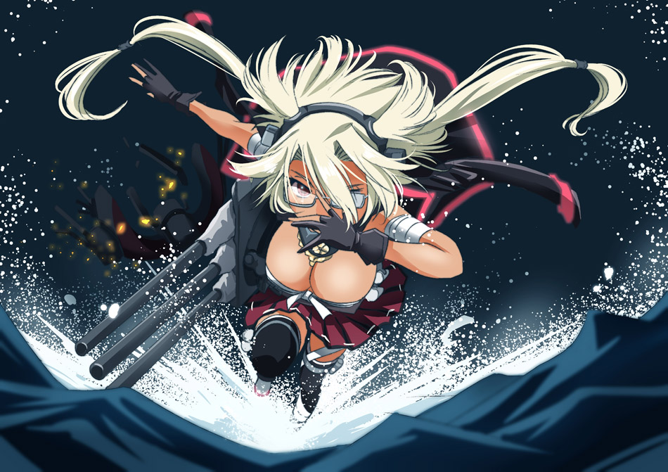 1girl black_legwear breasts brown_eyes brown_hair cleavage covering_face headgear kantai_collection long_hair looking_at_viewer machinery musashi_(kantai_collection) ocean pleated_skirt running skirt sogabe_toshinori solo thigh-highs turret twintails waterskiing_(meme) zettai_ryouiki