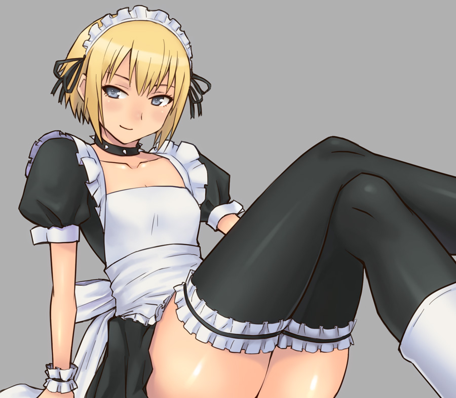 black_legwear blonde_hair blue_eyes blush collar collarbone crossed_legs flat_chest garters hashi kon_futaba legs_crossed looking_at_viewer maid maid_headdress short_hair simple_background sitting smile solo soredemo_machi_wa_mawatteiru spiked_collar spikes thigh-highs thighhighs wrist_cuffs