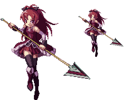 bow degarashi_(ponkotsu) hair_bow long_hair lowres magical_girl mahou_shoujo_madoka_magica pixel_art polearm ponytail red_hair redhead sakura_kyouko skirt solo spear thigh-highs thighhighs transparent_background weapon