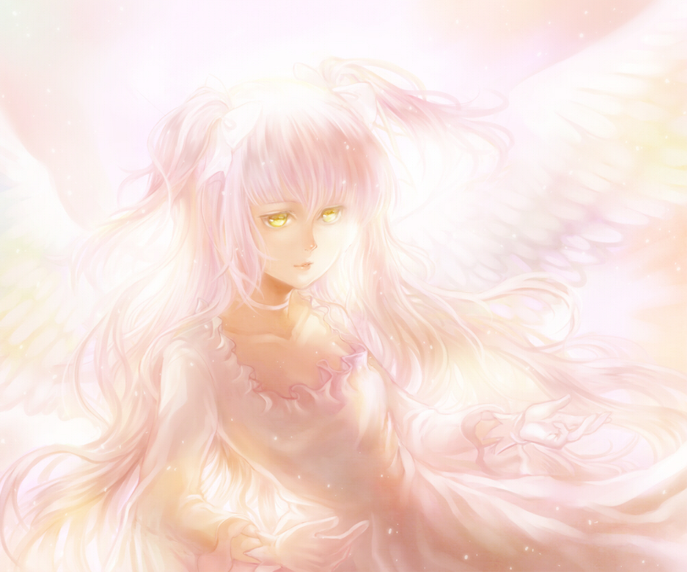 bow dress fwd gloves goddess_madoka hair_bow kaname_madoka long_hair magical_girl mahou_shoujo_madoka_magica pale_color pale_colors solo spoilers ultimate_madoka very_long_hair wings yellow_eyes