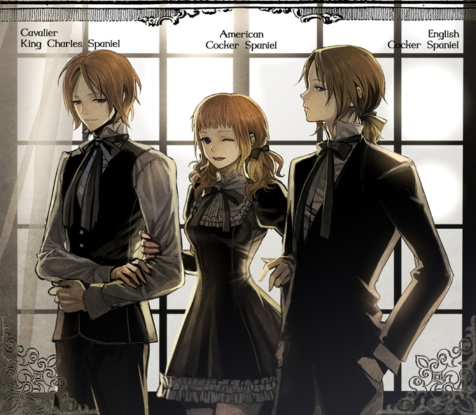 agasang bow brown_eyes brown_hair dress formal hair_bow hand_in_pocket locked_arms multiple_boys open_mouth original personification ribbon short_hair suit twintails wink