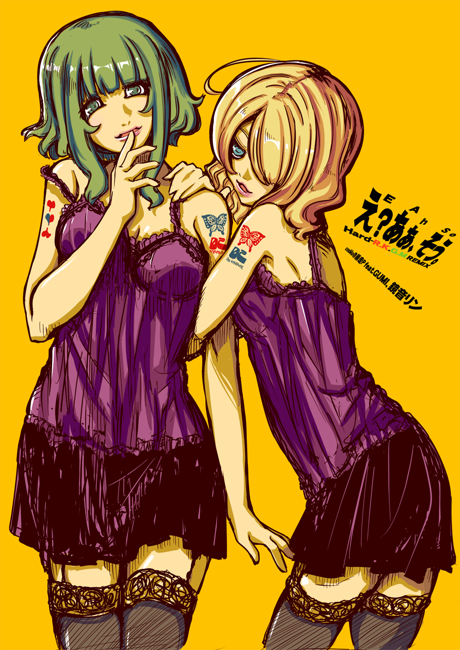 blonde_hair blue_eyes camisole cosmo_(bousoup) eh?_ah_sou_(vocaloid) garters green_eyes green_hair gumi hair_over_one_eye highres kagamine_rin multiple_girls open_mouth short_hair smile thigh-highs thighhighs vocaloid zettai_ryouiki