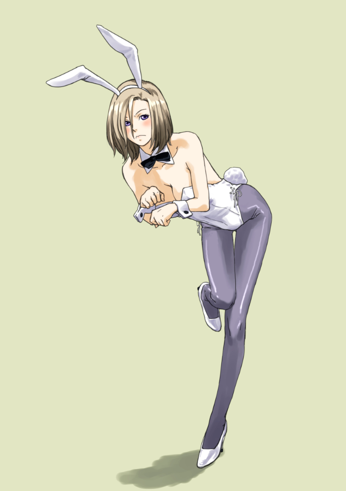 1girl animal_ears blonde_hair bowtie breasts bunny_tail bunnysuit cleavage echonao199x frown ginga_kikoutai_majestic_prince hair_over_one_eye leg_up majestic_prince pantyhose rabbit_ears short_hair solo standing_on_one_leg suzukaze_rin tail violet_eyes wrist_cuffs