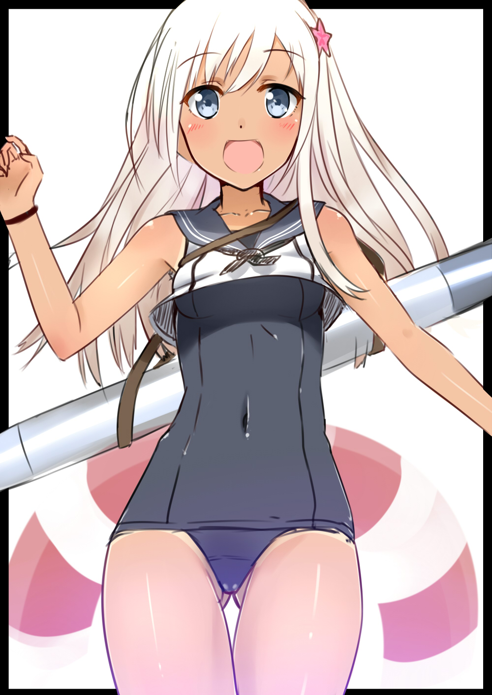 1girl blonde_hair blue_eyes crop_top flower hair_flower hair_ornament highres isshiki_(ffmania7) kantai_collection long_hair open_mouth ro-500_(kantai_collection) school_swimsuit school_uniform smile solo swimsuit swimsuit_under_clothes tan tanline