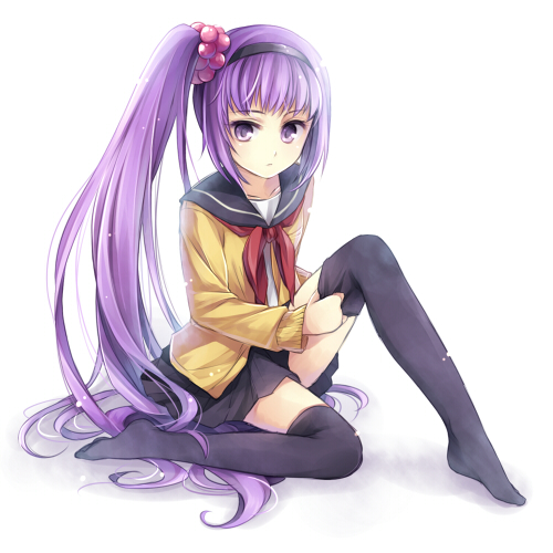 adjusting_thighhigh alternate_costume alternate_hairstyle black_legwear contemporary hagiwara_rin hairband long_hair lowres no_shoes ponytail purple_eyes purple_hair school_uniform serafuku side_ponytail simple_background sitting solo sophie_(tales_of_graces) tales_of_(series) tales_of_graces thigh-highs thighhighs thighhighs_pull very_long_hair violet_eyes