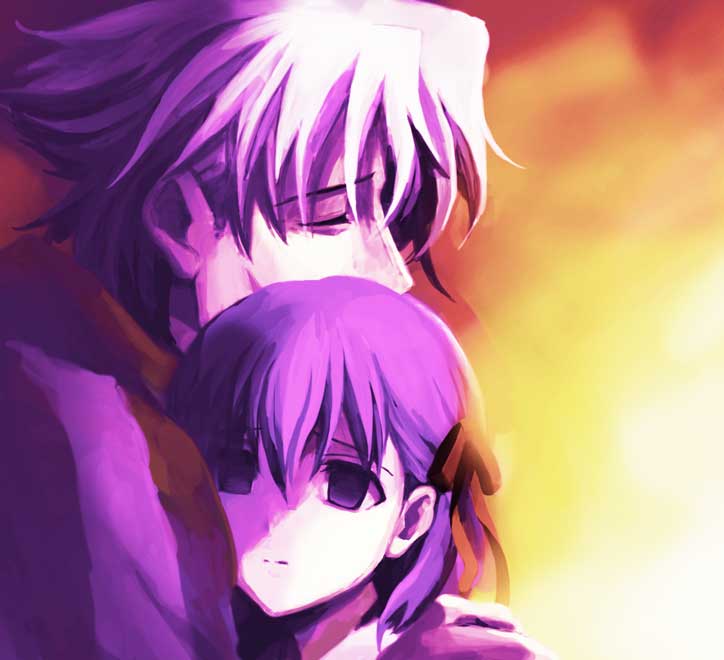 closed_eyes eyes_closed fate/stay_night fate/zero fate_(series) hair_ribbon hug male matou_kariya matou_sakura monakanoki purple_eyes purple_hair ribbon uncle_and_niece violet_eyes white_hair young ypung