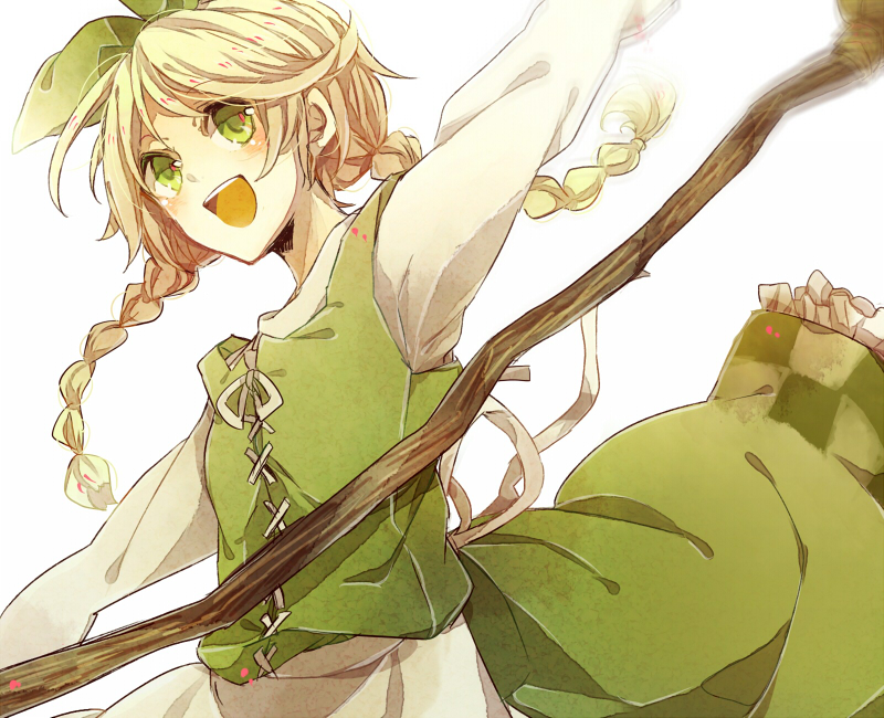 apron blonde_hair braid broom dress green_dress green_eyes hair_ribbon idoko long_hair marchen mugi_(twinbox) open_mouth outstretched_arms ribbon simple_background smile solo sound_horizon spread_arms twin_braids waist_apron