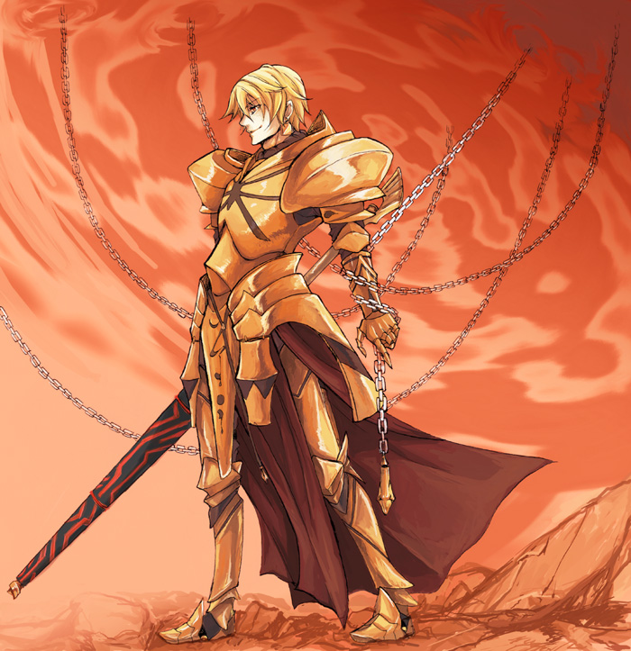 armor blonde_hair chain chains ea_(fate/stay_night) fate/stay_night fate_(series) gilgamesh male orange_(color) orange_background red_eyes short_hair solo