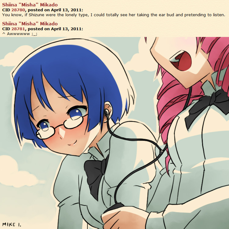 blue_eyes blue_hair blush bow deaf drill_hair english glasses hakamichi_shizune headphones imageboard_colors katawa_shoujo listening_to_music mikado_shiina mike_inel multiple_girls pink_hair puffy_sleeves school_uniform text