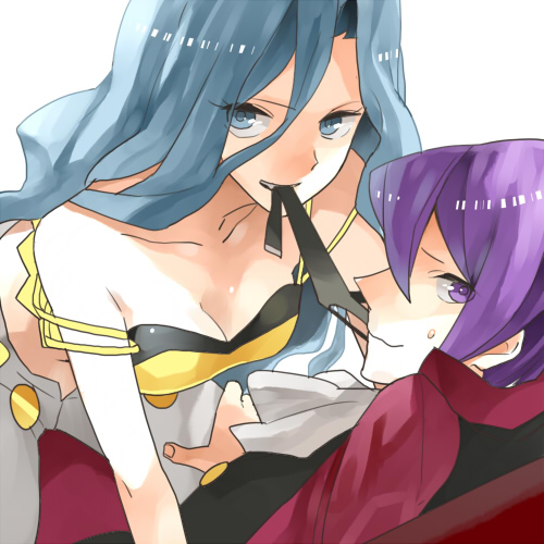 1boy 1girl bare_shoulders blue_hair breasts cleavage elite_four gum_(gmng) itsuki_(pokemon) karin_(pokemon) lowres mask midriff no_mask pokemon pokemon_(game) pokemon_gsc pokemon_heartgold_and_soulsilver pokemon_hgss purple_hair simple_background smile