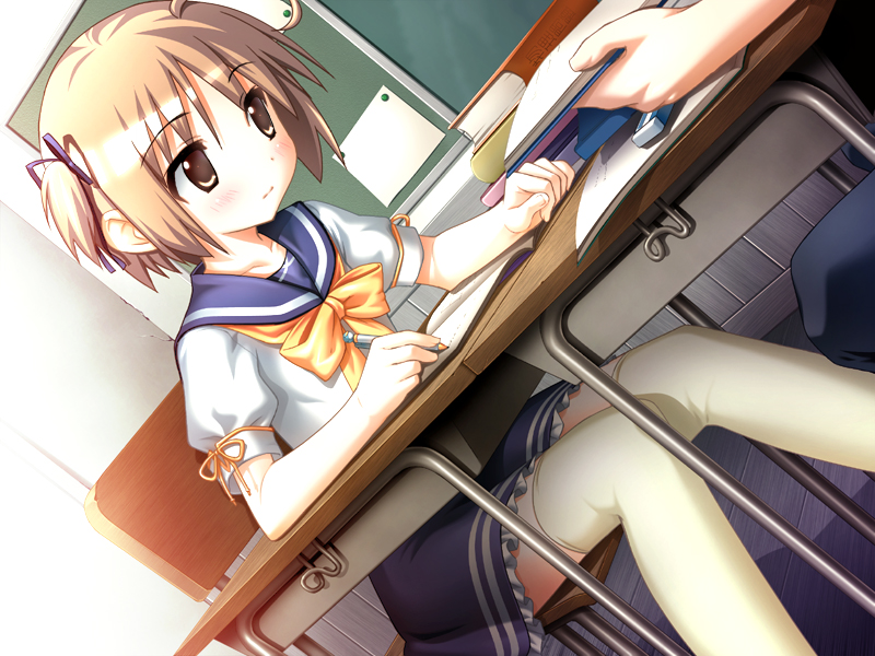 brown_eyes brown_hair desk hair_ribbon nekomiya_nono ponytail ribbon school school_uniform short_hair sitting skirt thigh-highs thighhighs writing yotsunoha