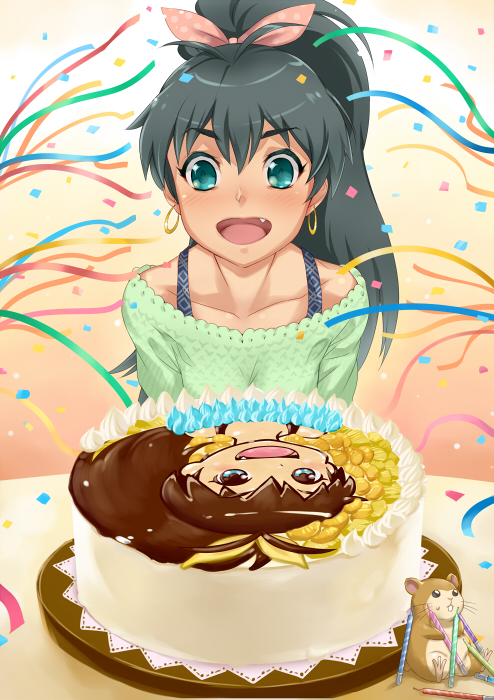 birthday black_hair blush bow cake candle confetti don_michael earrings fang food ganaha_hibiki green_eyes hair_bow hamuzou happy_birthday idolmaster jewelry open_mouth ponytail smile