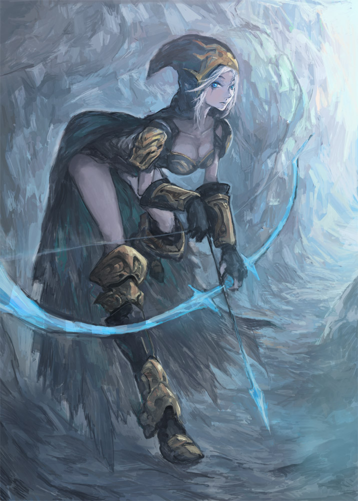 ashe_(league_of_legends) blue_eyes bow_(weapon) breasts cleavage cloak collarbone fingerless_gloves gloves league_of_legends leaning_forward solo standing_on_one_leg te weapon white_hair