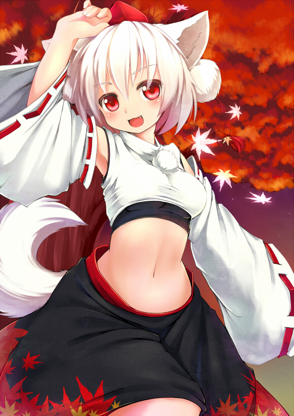 :3 animal_ears arm_up bare_shoulders blush breasts detached_sleeves fang hat inubashiri_momiji ka_(pixiv341010) kagerofu leaf maple_leaf midriff nature navel open_mouth red_eyes short_hair silver_hair skirt smile solo tail tokin_hat touhou tree white_hair wolf_ears wolf_tail （「･&omega;･）「
