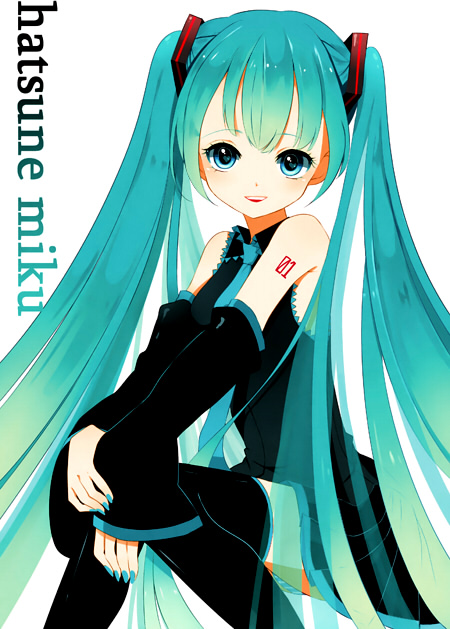 aqua_eyes aqua_hair bad_id detached_sleeves hatsune_miku long_hair necktie open_mouth simple_background sitting skirt smile solo thigh-highs thighhighs twintails very_long_hair vocaloid