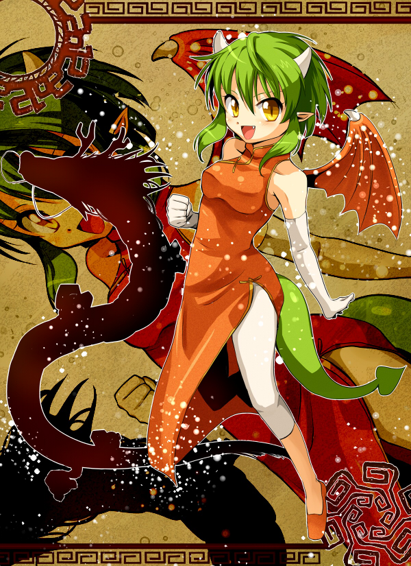 1girl :d capri_pants china_dress chinese_clothes draco_centauros dragon dragon_tail dragon_wings eastern_dragon elbow_gloves gloves green_hair horns open_mouth pointy_ears puyopuyo sakagami_yuura shoes short_hair slit_pupils smile solo tail wings yellow_eyes zoom_layer
